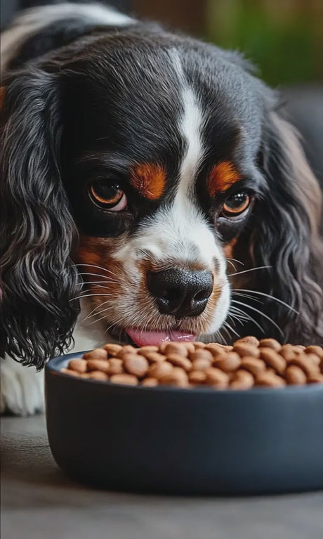 Tri-color Cavalier King Charles Spaniel with gentle movements and flowing coat