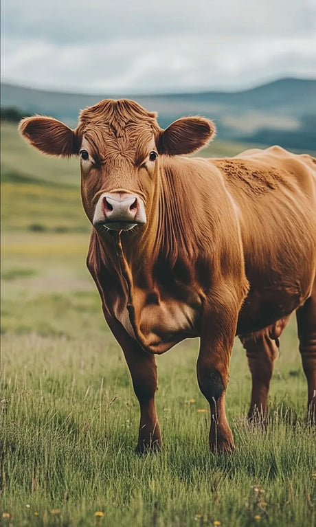 Brown cow standing and moving gently in open grassland with rolling hills background