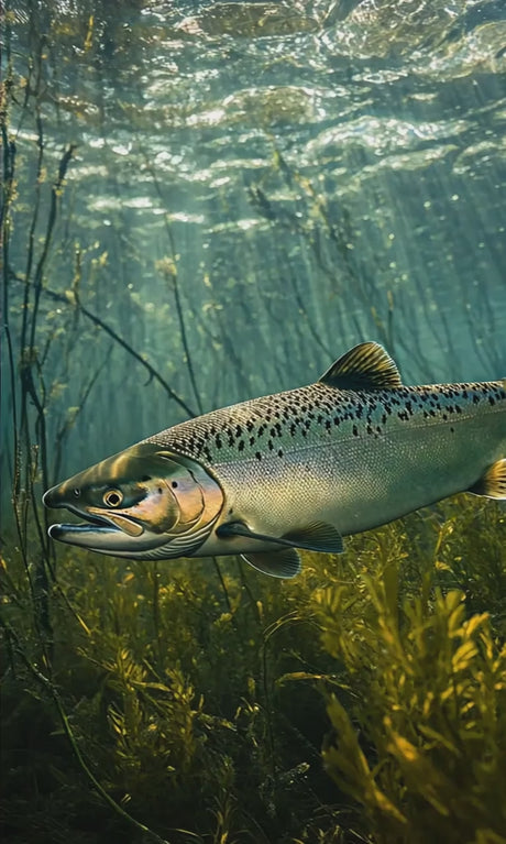 Sleek salmon swimming and gliding gracefully through clear flowing water