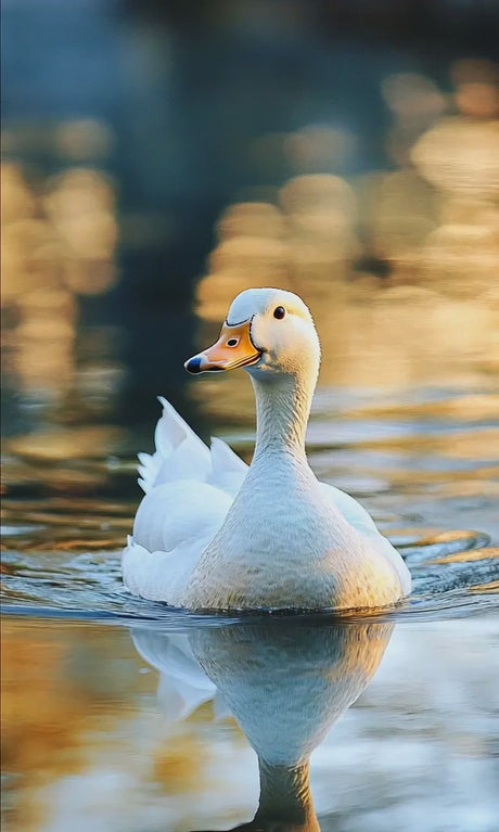 Graceful white Pekin duck gently paddling through calm water with golden reflections
